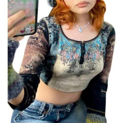 Women Cropped Vintage Print T-Shirt Long Sleeve Round Neck Buttons Elastic Casual Party Street Short Black Tops