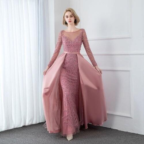 YQLNNE Couture Pink Crystals Long Sleeve Evening Dresses Formal Evening Gown Mermaid Satin Dress