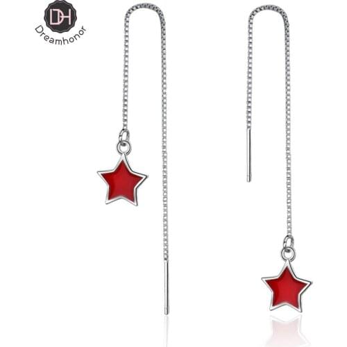 Dreamhonor 925 Sterling Silver Plated Red Star Long Drop Earrings Women Simple Fashion Wedding Jewelry Accessories
