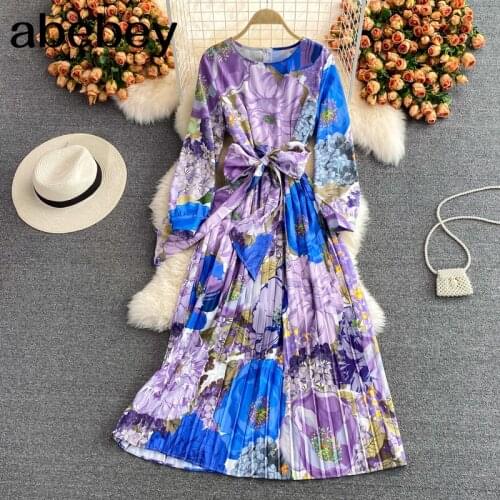 2021 New Spring Autumn Temperament O-neck long sleeve Dress bow bandage high waist print mid-length A-line Pleated Dress