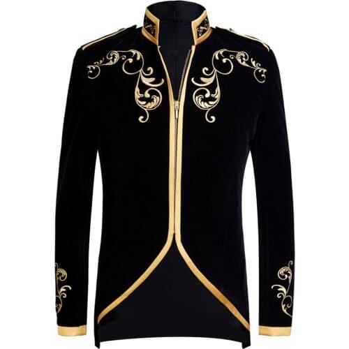 British Style Velvet Embroidery Series Men Palace Prince Velvet Gold Embroidery Blazer Wedding Groom Singers Suit Jacket
