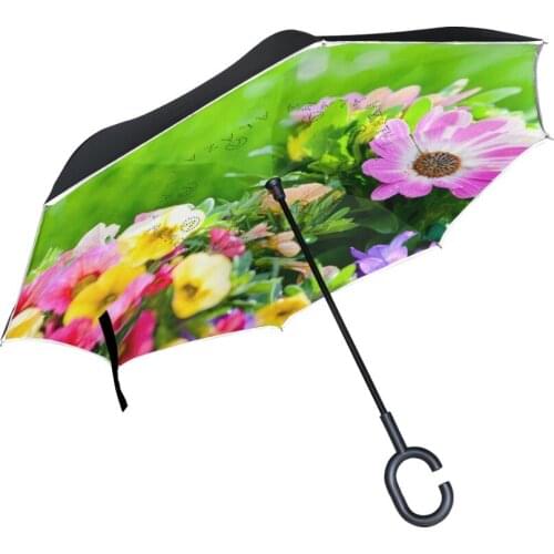 C-hook Reverse Umbrella with Green Grass Land and Flowers Printed Creative Modern Upside Down Double Layers Reverse Umbrellas
