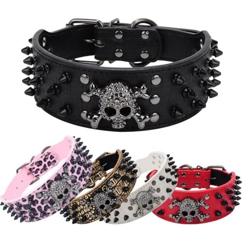 Black Skull Spiked Rivet Leather Dog Collar Pit Bull Bulldog Large Dog Collar Adjustable, Suitable For Medium and Large Dogs