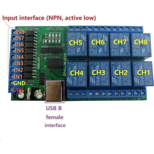 DC 12V 24V 8ch USB Serial Port Relay Optically isolated IO Module UART RS232 Switch Board CH340 for WIN10 WIN7 Linux MAX OS