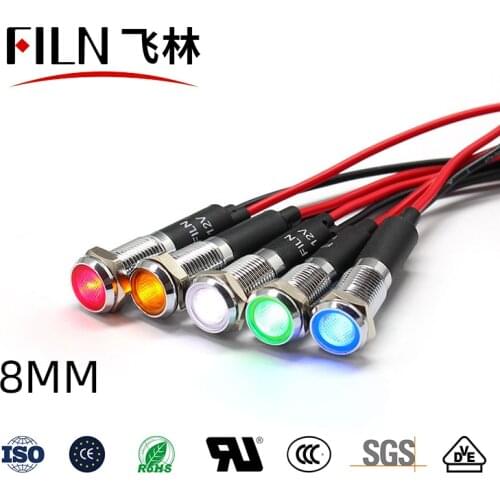 FILN Metal flat head 8mm 12v 24v 220v 110v equipment signal lights high-brightness led indicator light with wire
