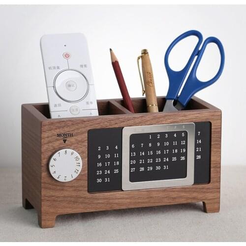 Creative natural wood solid wood multifonctional desk organizer cosmetics pencil pen holder box with adjusted perpetual calendar