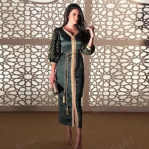 Moroccan Kaftan Evening Dresses Dubai Abaya Arabic Gold Embroidery V-Neck Caftan Dress Elegant Special Occasion Prom Gowns 2021