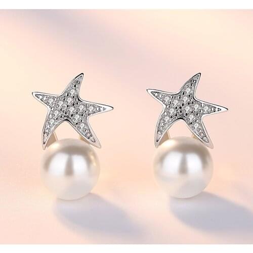 Cute Sparky Starfish Engagement Stud Earrings For Women Shiny Crystal Pearl Charming Wedding Earring Piercing Accessories Gift