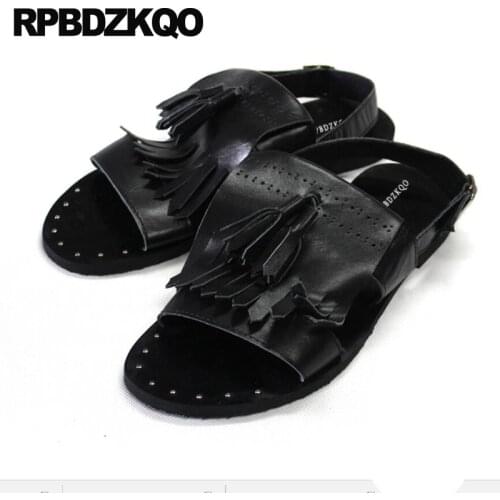 Platform Summer Strap High Quality Luxury Designer Shoes Men Open Toe Genuine Leather Outdoor Stud Rivet Tassel Black Sandals
