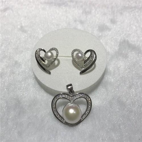 Natural freshwater pearl AAA 10-11 mm Tibetan silver zircon inlay Heart-shaped pendant necklace earrings set