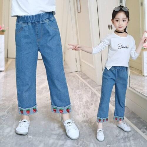 2021 New Cowgirl Casual Jeans With Strawberry Embroider Fashion Kids Loose Trousers Straight Solid Pants Blue Soft Denim Jeans