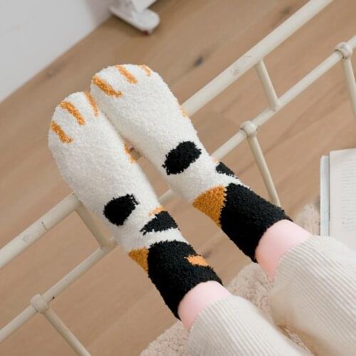 New Winter Thicken Warm Women Socks Cat Paw Cartoon Striped Lovely Sleeping Home Floor Bedroom Socks Harajuku Kawaii Girl Sox