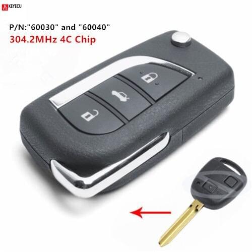 Keyecu Upgraded Flip key Replacement Remote Key Fob 304.2MHz With 4C Chip for Toyota Avensis Corolla RAV4 P/N: 60030 or 60040