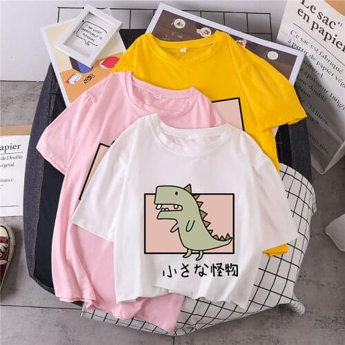 Clothing Womens Pink Tee Shirt Oversize O-neck Casual Short Sleeves Dinosaur Print Shirts Top Топикиs Женская На Лямках Футболки