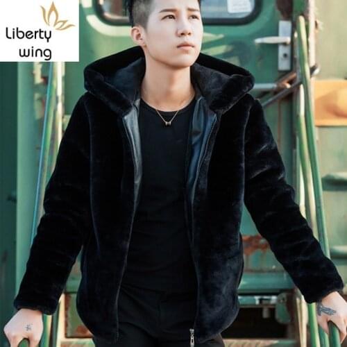 Autumn Faux Men Long Sleeve Plush Fur Coat Mink Hoodies Bomber Hat Winter Jacket Mens Leather Erkek Mont