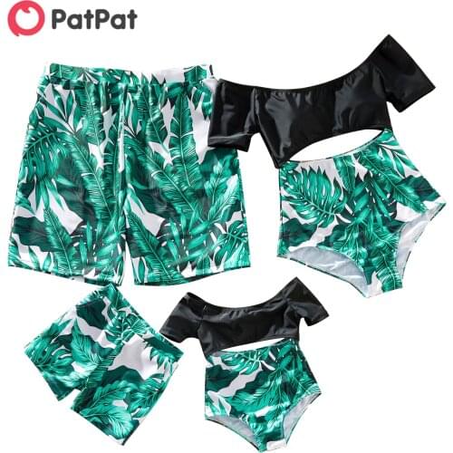PatPat 2021 New Summer Family Look Leaf Print Hollow Off-shoulder One-piece Matching Swimsuits