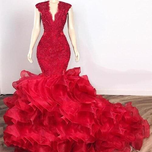 2020 Luxury Mermaid Evening Dresses Lace Full Beaded Ruffles Skirt Prom Gowns Custom Made Special Occasion Dresses