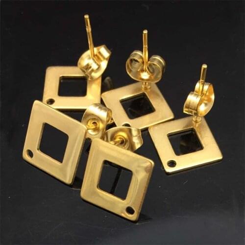 50PCS/Lot Gold Color Square/Round/Heart Earring Posts Findings Stainless Steel Stud Earring Component with Hole for Hanging