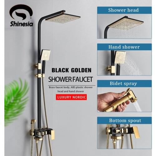 Shinesia Black Golden Bathroom Shower Faucet Set ABS Plastic Rainfall Shower Head and Hand Shower Hot and Cold Water Mixer Tap
