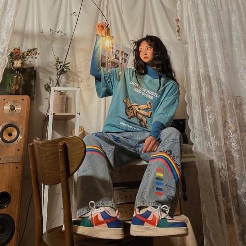 Blue Rainbow Jeans Women Streetwear Straight Jeans Female Cotton Cargo Pants Streetwear Loose Summer Harajuku Oversized Jeans