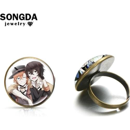 SONGDA Popular Anime Bungo Stray Dogs Souvenir Ring Dazai Osamu Nakahara Chuya Figures Glass Art Photo Rings 2 Colors Handicraft