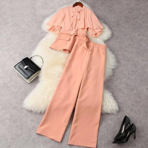 European and American womens wear for spring 2021 flounce cape five-quarter sleeve shirt Wide-legged pants Fashion suit