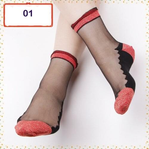 Women Summer Ultrathin Transparent Sparkling Crystal Silk Socks Floral Printed Quartz Fiber Slim Socks Ankle Meias Chiffon Sox