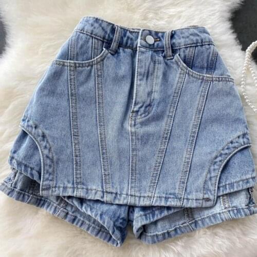 2021 summer new womens shorts design sense fake two piece retro short jeans female skirt pants high waist denim wide leg shorts