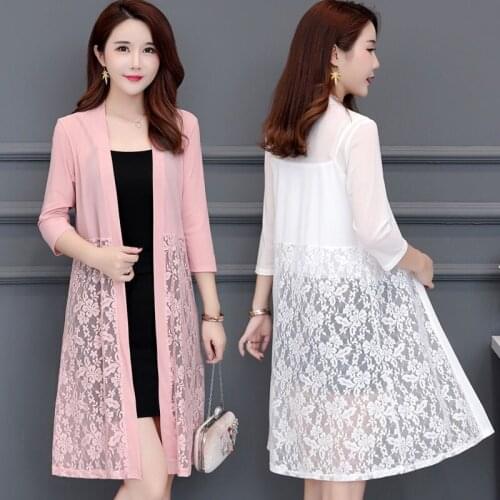 5XL Plus Size Summer Lace Cardigan Women Long Mesh Sunscreen Jacket Casual Pink Black Red White Long-sleeve Thin Coat Y948