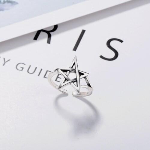 BUDROVKY Korean S925 Sterling Silver Retro Hollow Five-pointed Star Thai Silver Ring Simple Ladys Star Opening Ring Jewelry Gif
