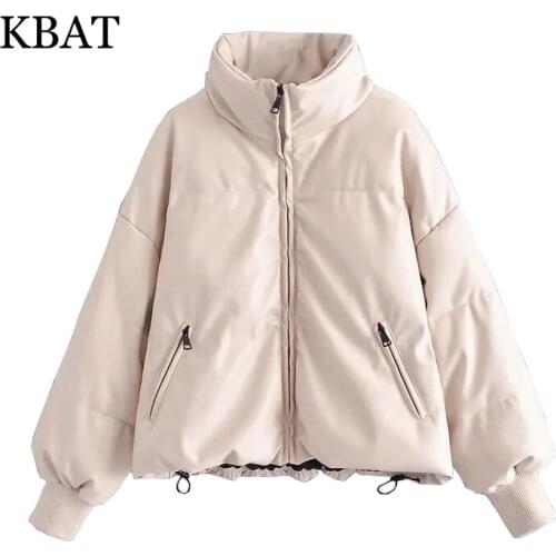 KBAT 2021 Winter Thick Warm Short Parkas Women Fashion Khaki PU Leather Coats Women Elegant Zipper Cotton Jackets Female Ladies