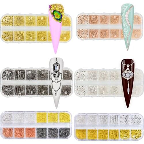 12Girds(1mm-3mm)Mini Caviar Metal Beads Steel Ball Nail Stud Micro Beads Gold/Sliver Decoration 3D Micro Ball Nail Art Charms