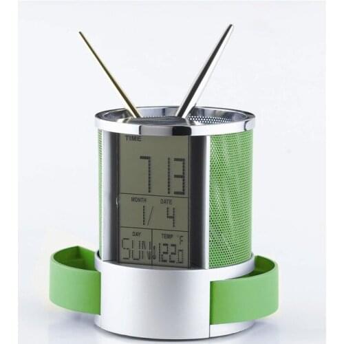 Electronic stainless iron mesh calendar pen holder multi function electronic clock thermometer pen holder office gift