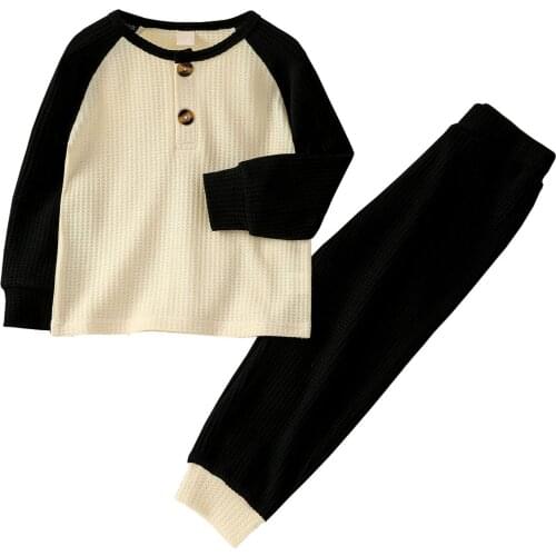 Children Contrast Color Clothes Set Long Sleeve O-neck T-shirt with Buttons+Elastic Waist Trousers