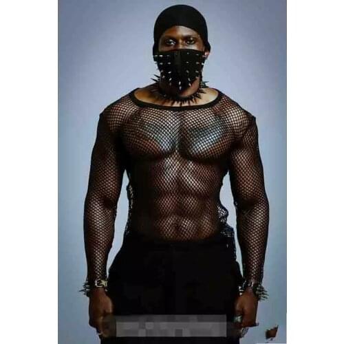 Korean version of young mens round neck mesh hollow sexy slim bottomed long sleeve T-shirt personalized club bar host