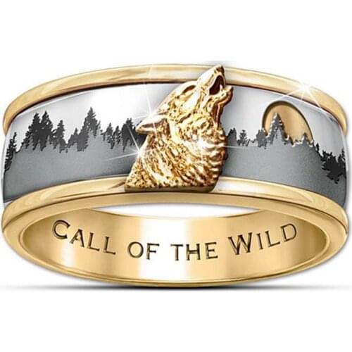 Gold Color Band Ring Wolf Pattern Plate Cover Jewelry Wild Animal Accessories Personal Finger Embellish Special Design Gifts