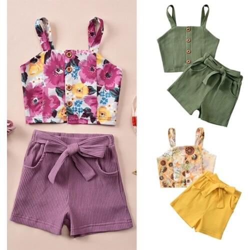 Little Girls Ribbed Set Straps Button Tops and Shorts 2-piece Suits Infant Childrens Clothing Flower Print Summer 2021