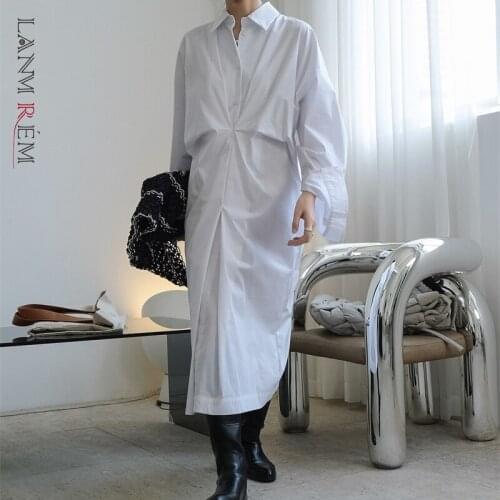 LANMREM 2021 Autumn New Temperament High Waist Long Shirt For Women Loose Single Breasted Lapel Irregular Female Shirts 2C368