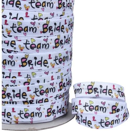 Flora Ribbons romantic love heart and letters of bride team printed fold over elastic for wedding decoration accessories
