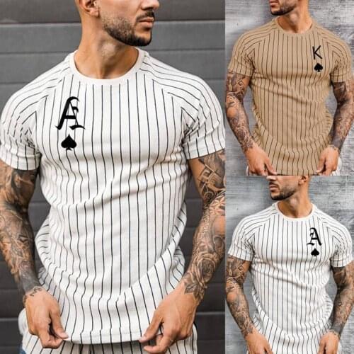 2021 New Short Sleeve Round Collar Stripe T Shirt Mens Fashion Playing Card Printed Tee Male Breathable Slim Tops Clothing