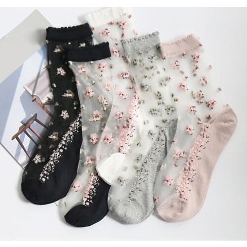 2019 Spring Summer Elastic Socks Crystal Glass Silk Ultrathin Lace Literary Sale 1 Pair Summer Transparent Jacquard Short Socks