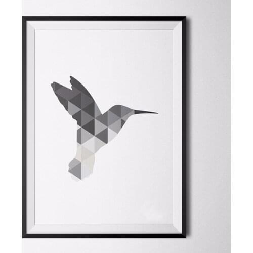 HOT Hummingbird Grey Poster Print Art Canvas, Printable Wall Art, Geometric Animals Morden Office Home Decor, Frame Not included