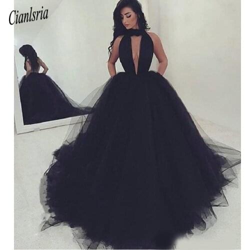 Sexy Halter Backless Black Prom Dresses 2020 New Long Formal Dress Evening Wear Puffy Tulle Women Party Gowns