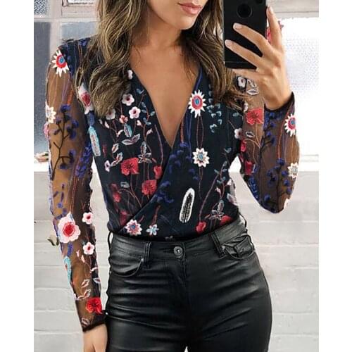 Mesh Lace Sexy T-shirt Womens Stand Collar Hollow Out Basic Transparent Pullover T-shirt 2021 Spring Fashion Top V-Neck Floral