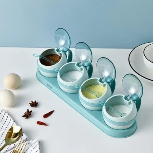 Spices Seasoning Box Set Kitchen Pepper Shaker Salt Sugar With Spoon And Rack Seasoning Organizer Container Jars Tools Supplies