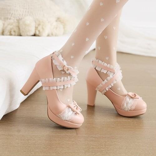 Summer 2021 Ladies Heels Platform Cute Bow Lace Princess Mary Jane Lolita Shoes Party High Heel Buckle Women Pumps Pink