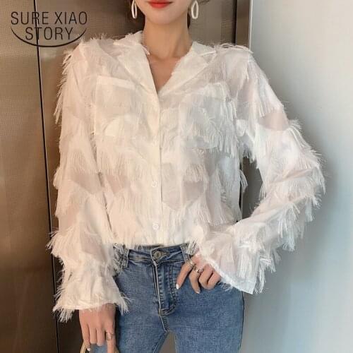 Blusas Para Mujer New Spring Loose Women Shirts Blouses Long Sleeve White Blouse Lapel Feather Tassel Chiffon Shirt Tops 12692
