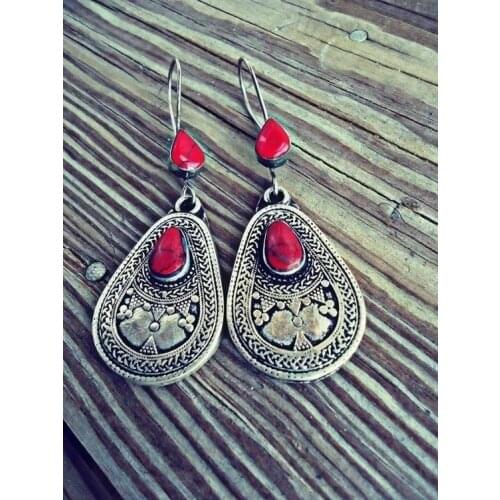 Vintage 925 Silver Natural Gemstone Red Turquoise Hook Earrings Women Wedding Engagement Fine Jewelry