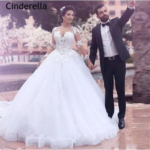 Cinderella Sweetheart Long Sleeves Ball Gown Covered Button Back Soft Tulle Lace Applique Wedding Dresses vestido de noiva