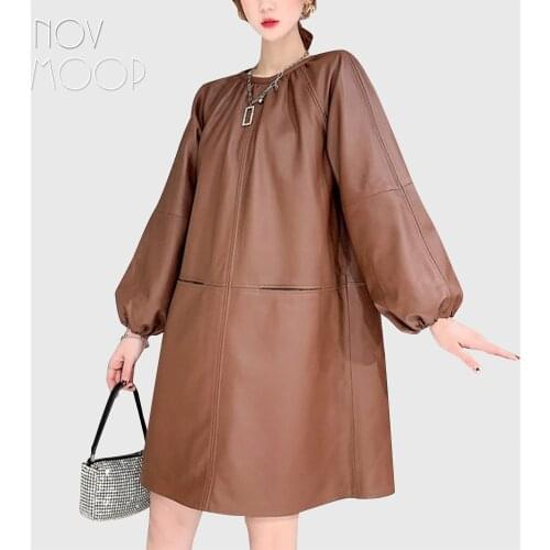 Novmoop genuine leather women dress A line shape knee length lantern sleeve sweet elegant style Vestido de cuero LT3395